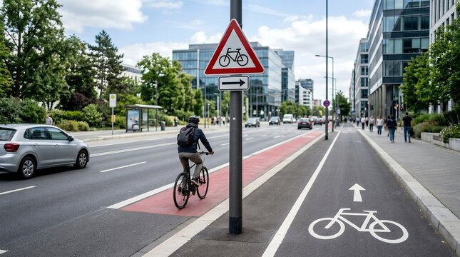 Cyclist riding on urban bicycle lane in modern city street.