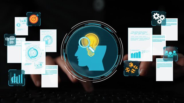 Conceptual illustration of data analysis and artificial intelligence with brain icon amidst digital documents and graphs for technology and communication themes. Entropy.