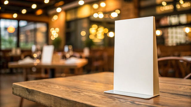 Menu board on wooden restaurant table, blurred background