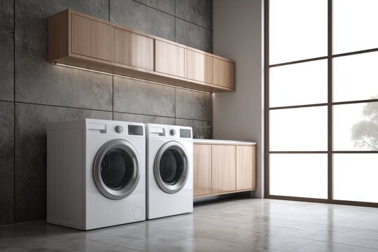 Modern laundry room with white appliances and wood cabinetry.