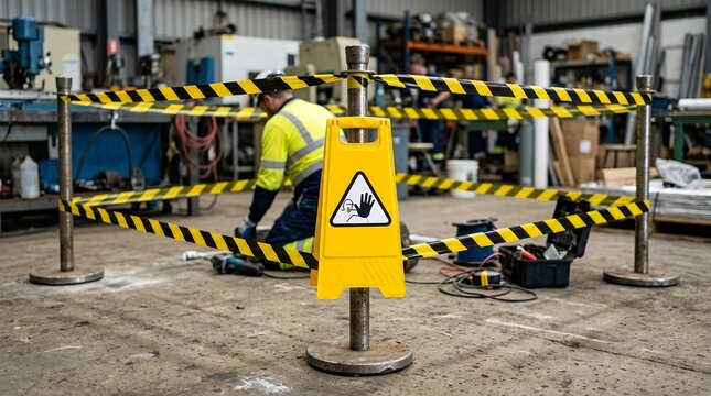 Industrial safety zone with worker and caution signage in a manufacturing factory.