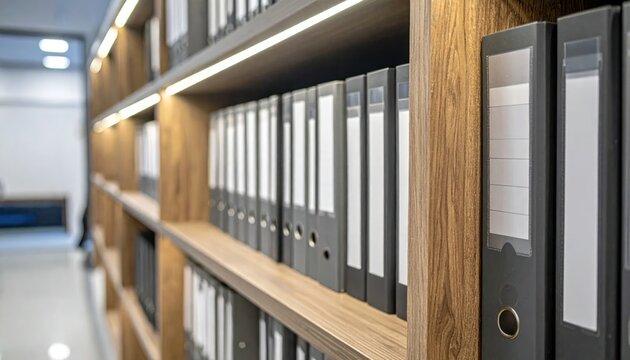 Selective focus of lever arch files on office storage rack.