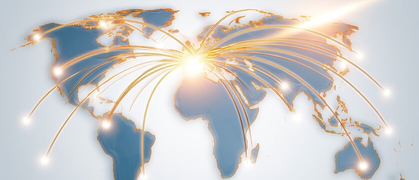 Global connections radiate from a bright center across a stylized world map