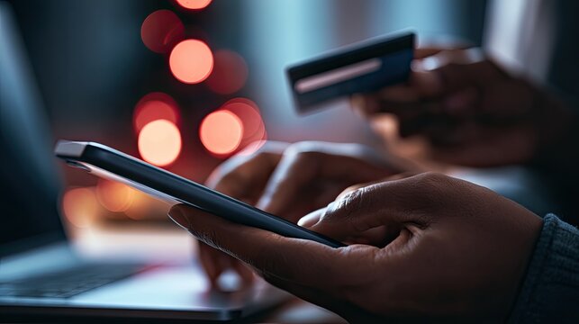 Hands using phone and credit card for online payment, blurred background
