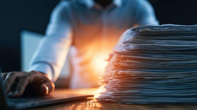 Overwhelmed office worker, late night, glowing stack of documents, laptop