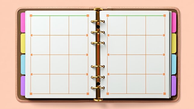 Open planner with blank grid pages, colorful tabbed dividers, and golden rings