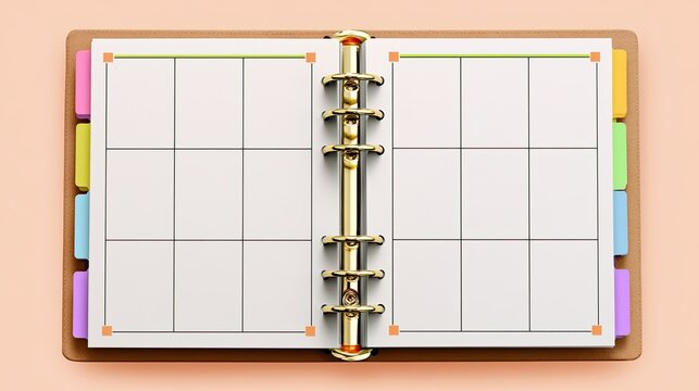 Open planner with blank grid layout, colored tabs, and gold rings