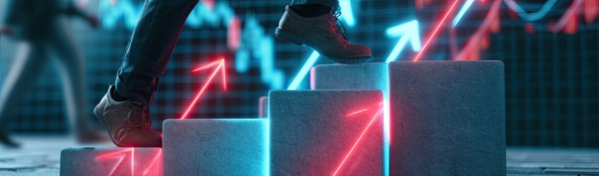 Person climbing stairs with glowing red arrows indicating upward growth