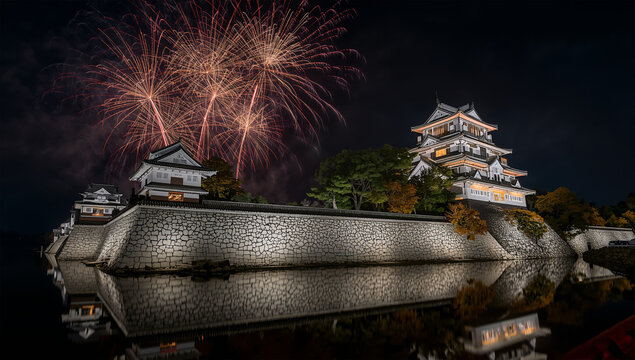 夜の城と堀を彩る花火と光の歴史イベント