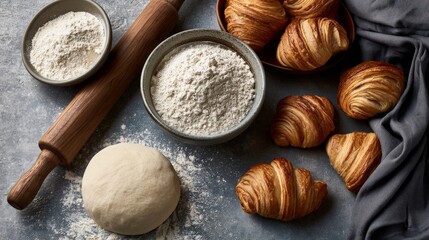 Fototapeta premium Bakery Scene with Flour, Dough, Rolling Pin, and Fresh Croissants