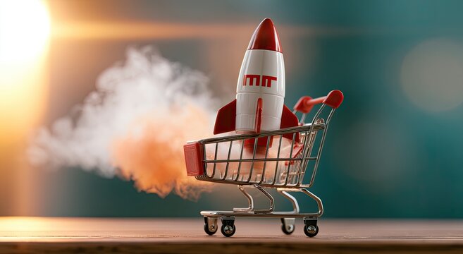Rocket in a shopping cart blasting off with smoke trails