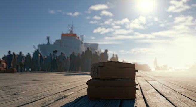 Luggage waits on weathered planks as people board a ship under a bright sky