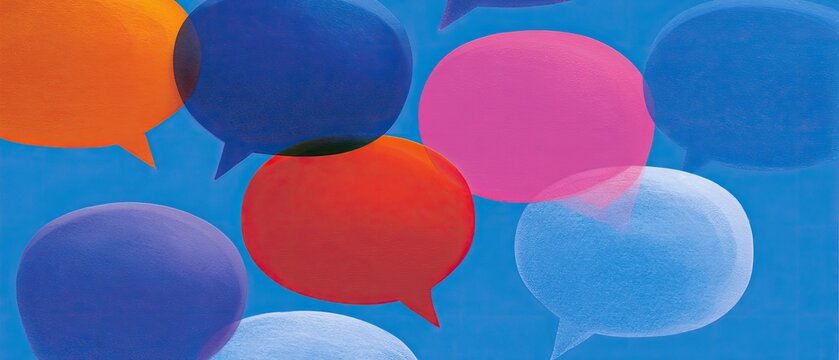 Translucent, overlapping speech bubbles in various bright colors against a blue background