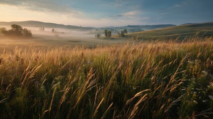 Obraz premium Dawn Mist Over a Wild Meadow: Tranquil Morning Landscape
