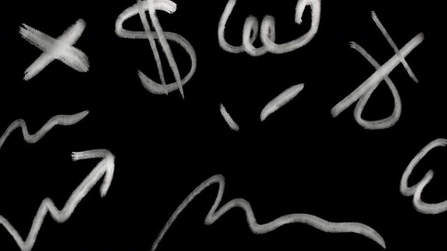 White chalk hand drawn symbols dollar sign arrows scribbles black background street art style