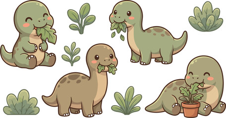 Cute baby dinosaur sticker vector set eating leaves with prehistoric green plants for kids nursery decor and children crafting template © AntarChandra
