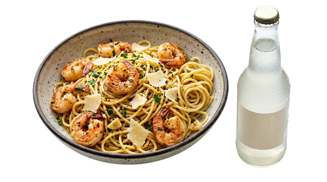 Shrimp scampi pasta with parmesan cheese in ceramic bowl, gourmet seafood spaghetti dinner, chilled glass bottle of white wine or soda isolated on white