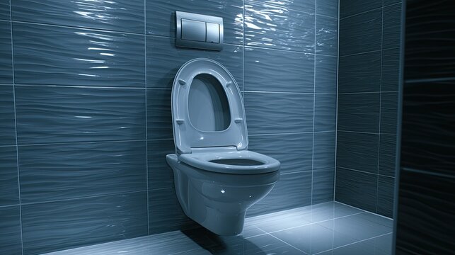 A modern, sleek toilet with an open lid sits against textured blue tiles