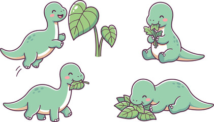 Cute baby sauropod dinosaur vector sticker set playing and eating green leaves for kids nursery room decor and greeting card designs © AntarChandra