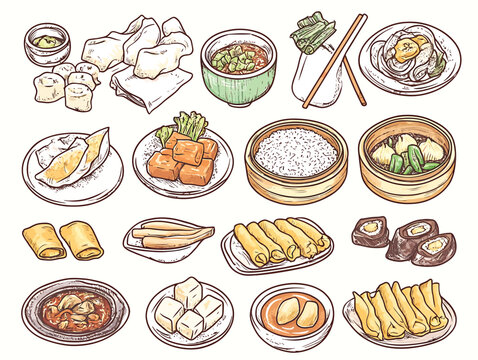 Collection Of Delicious Asian Food Dishes And Traditional Appetizers Vector Illustration.