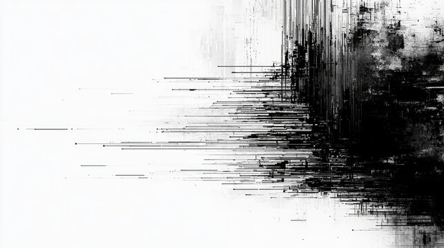Black ink splatters and digital glitch effects on white background