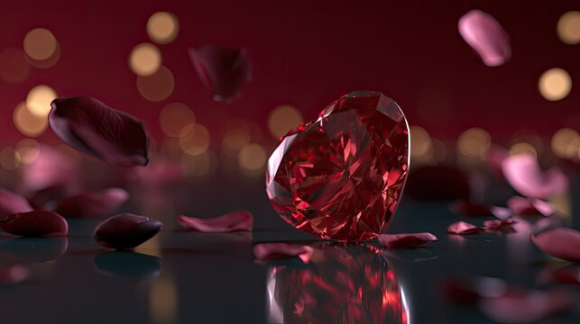 Heart-shaped ruby gemstone surrounded by falling rose petals
