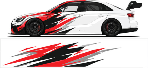 Fototapeta premium White sports car with red black decals.