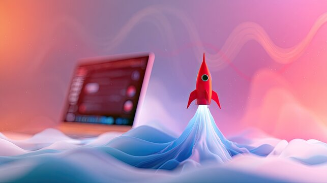 Cartoon rocket blasting off from a laptop screen, soaring through abstract, wavy landscapes