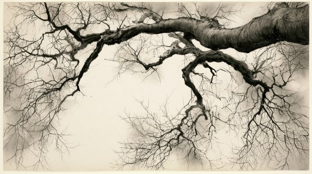 Stark, bare tree branches stretch like dark, skeletal fingers against a soft, muted sky