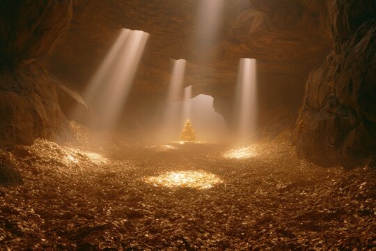 Sunbeams illuminate a vast cave filled with golden treasure and a central shining object
