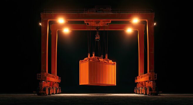 Giant orange gantry crane suspends glowing shipping container in darkness