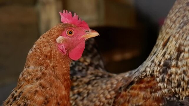 Domesticated free-range chicken hen with brown feathers and a red comb blinking its eye in a coop