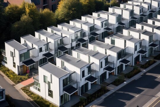 Aerial view of modern white townhouse row with flat roofs, balconies, and streetside landscaping in a residential neighborhood