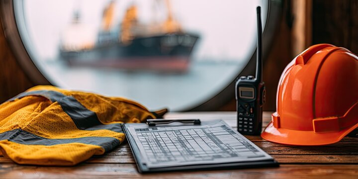 Safety gear, clipboard, and radio rest on deck with cargo ship in background