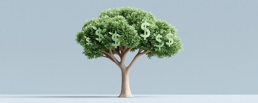 A compelling magazine cover photo showing the long-term wealth-building potential of index funds, using an image of a growing tree with dollar signs as leaves, symbolizing steady growth.