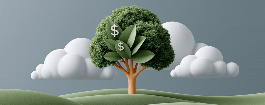 A compelling magazine cover photo showing the long-term wealth-building potential of index funds, using an image of a growing tree with dollar signs as leaves, symbolizing steady growth.