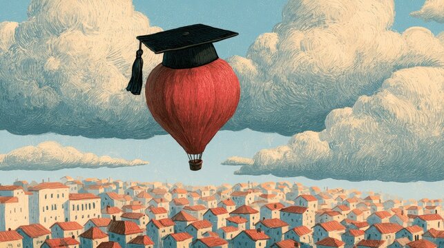 A graduation cap adorns a red balloon soaring above a city