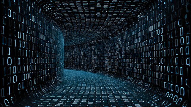 Futuristic tunnel of glowing blue binary code receding into darkness