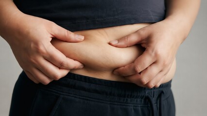 Naklejka premium Man pinching his stomach to assess body fat in casual clothing 