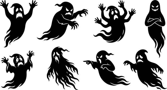 collection of black ghost silhouettes in various shapes and expressions on white background
