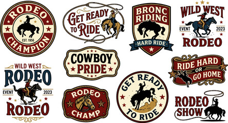 Fototapeta premium Collection of rodeo badges with horses and cowboys in various designs and colors