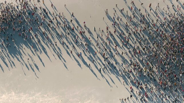 Aerial view of a large crowd of people walking on a sandy beach, casting long shadows
