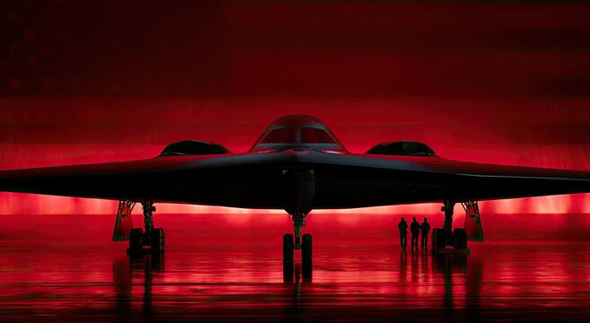 Futuristic bomber on tarmac, red light glow, tiny figures in background