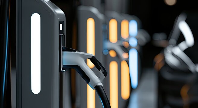 Sleek electric vehicle charging stations with glowing lights