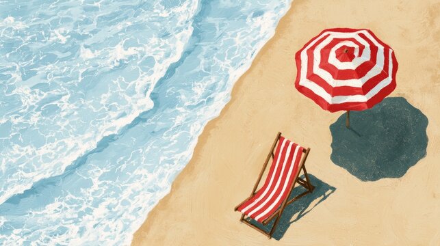 Overhead view of a beach scene with a striped chair and umbrella