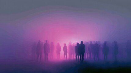 Naklejka premium Silhouetted figures gather in a hazy, ethereal glow of pink and purple light