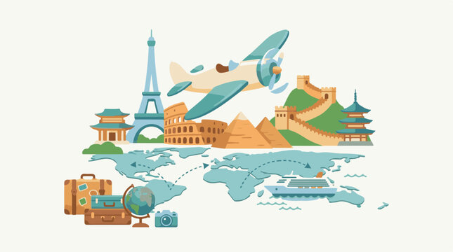 A world map graphic shows famous landmarks an airplane and travel items