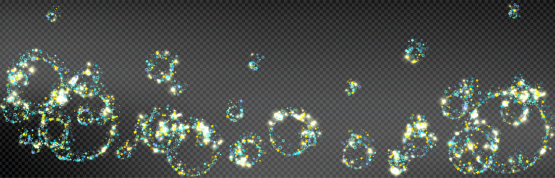 Cyan, Gold, Blue Stars Confetti. Shimmering Shiny particles. Scattered little sparkling, glitter light points. Stellar falling on black background. New Year Christmas background. Vector illustration.