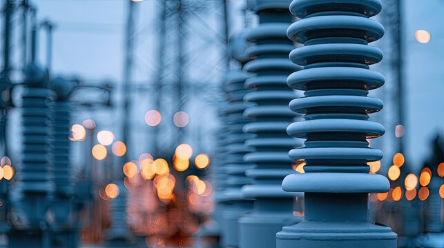 Rows of large ceramic insulators at a substation at dusk, bokeh lights glow