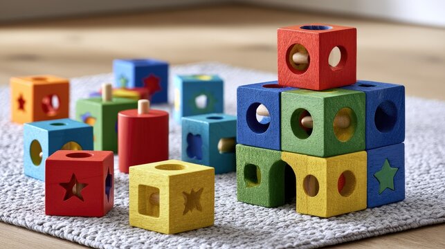 Colorful wooden blocks, shapes, and pegs arranged playfully on a textured rug